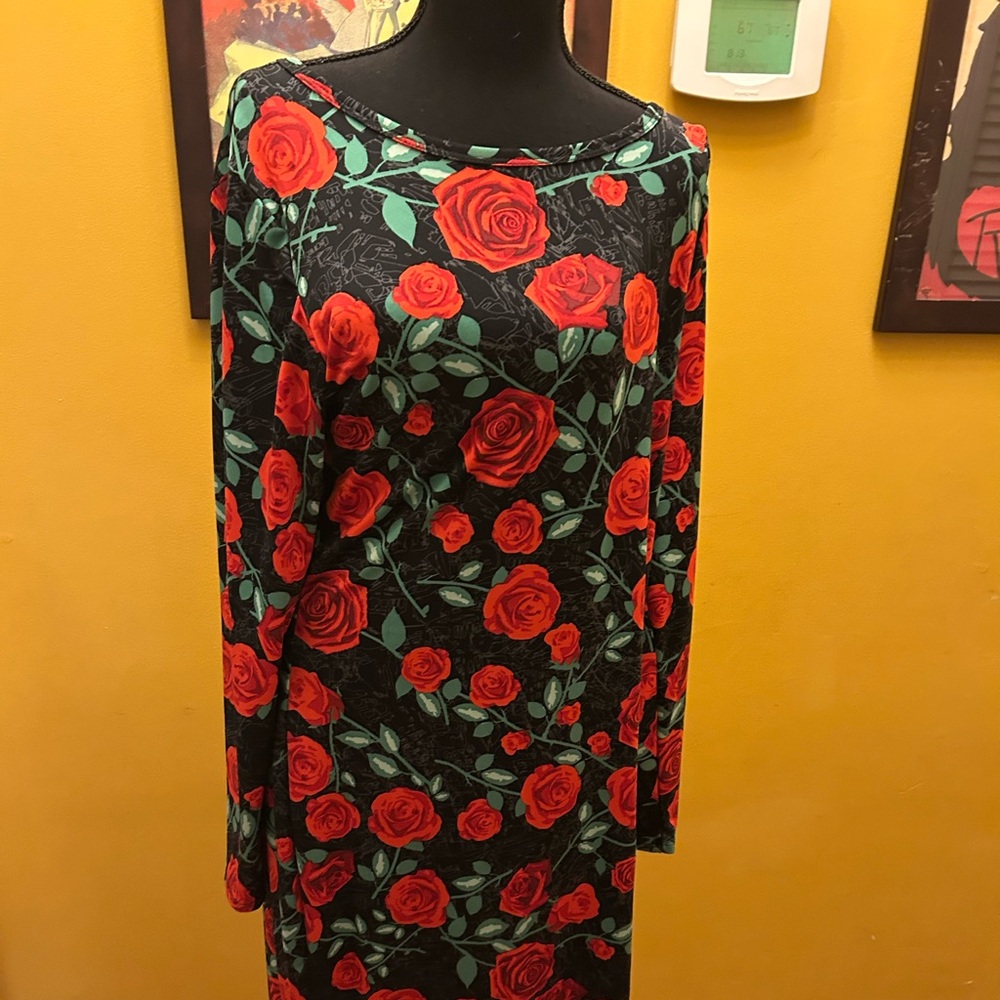 LuLaRoe Black Slinky Red Rose Debbie Dress Size XL